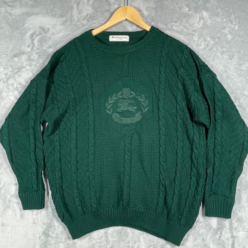 Burberrys of London Vintage Wool Blend Cable Knit Sweater Green Knight Crest L